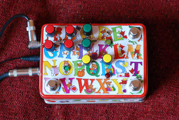 Crazy Alphabet Cookie Tin Homemade Guitar Pedal: Fuzz, Wah, Echo, Chorus in one!