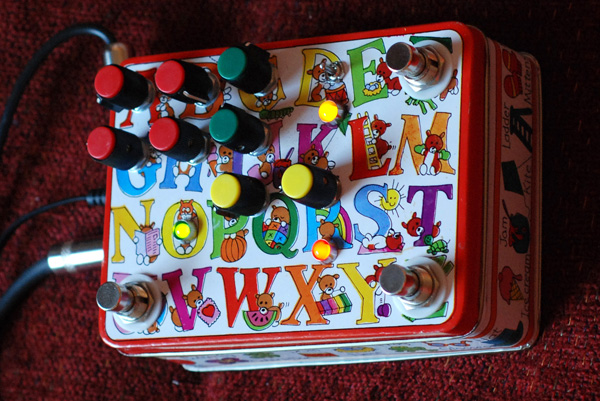 Crazy Alphabet Cookie Tin Homemade Guitar Pedal: Fuzz, Wah, Echo, Chorus in one!