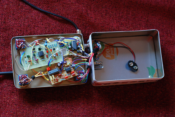 Crazy Alphabet Cookie Tin Homemade Guitar Pedal: Fuzz, Wah, Echo, Chorus in one!